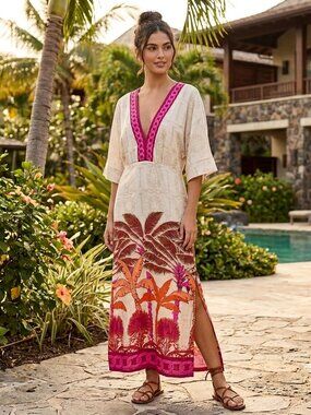 NWT Juan De Dios Linen Topacio Fuchsia Palms Maxi Embroidered Beaded Dress